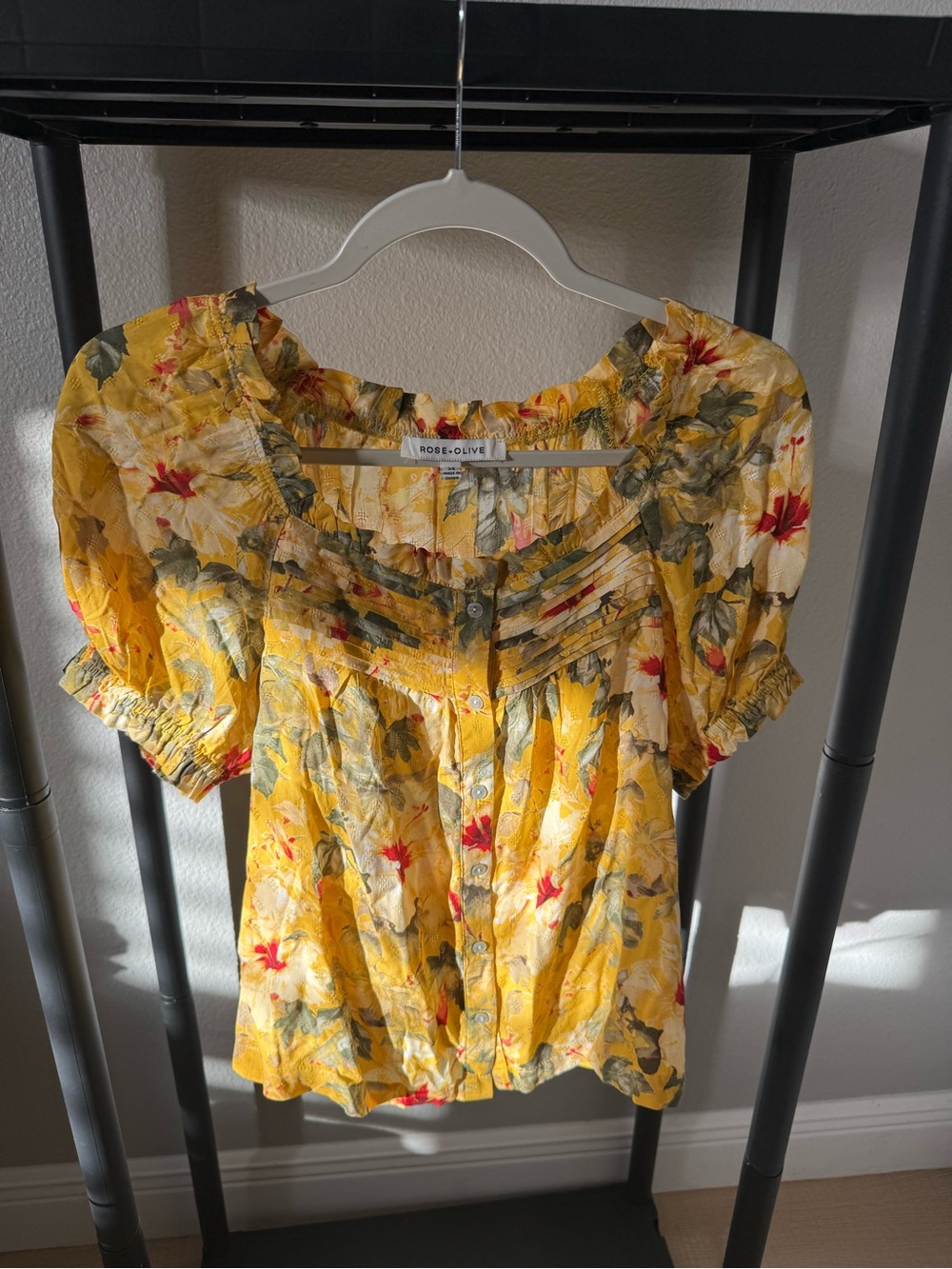 Rose & Olive Yellow Floral Ruffle Button-Front Blouse